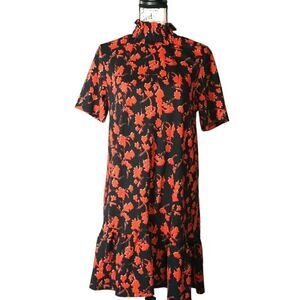 Zara Black and Red Short Sleeve High Neck Floral Ruffle Dress, Medium